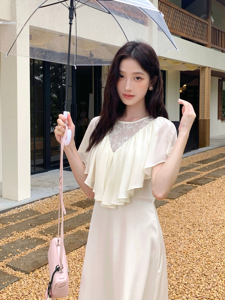 【dress】レースドッキングハンカチーフスリーブロングワンピース Q8675