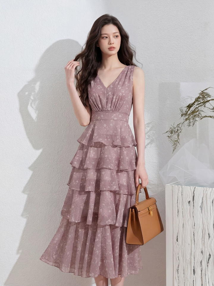【dress】フラワー柄ノースリーブロングティアードワンピース Q8537