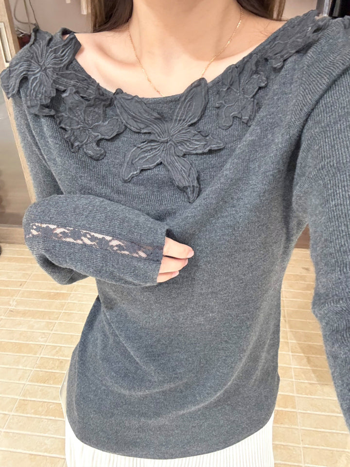 【tops】立体フラワー付きニットトップス Q9138