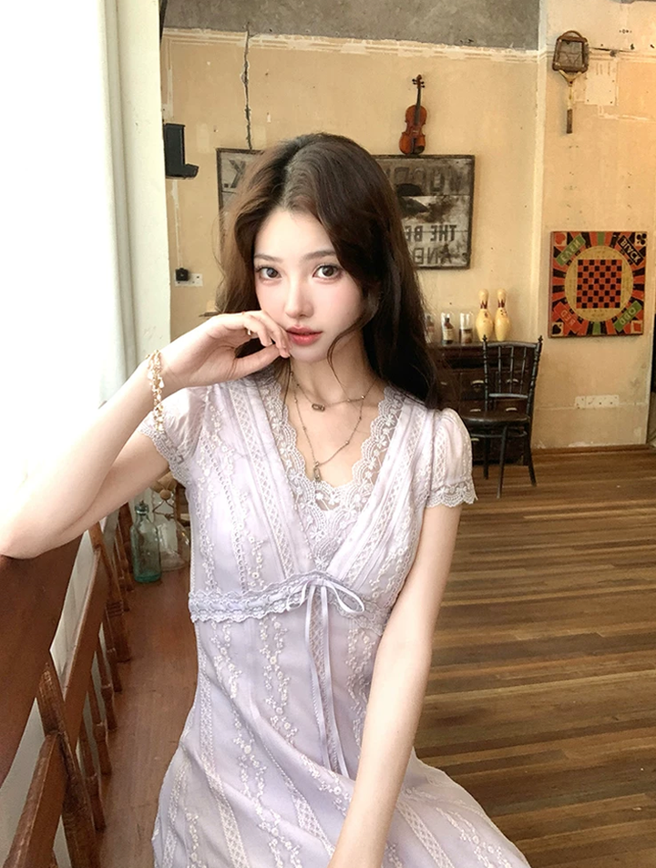 【dress】レースドッキングロングワンピース Q8532