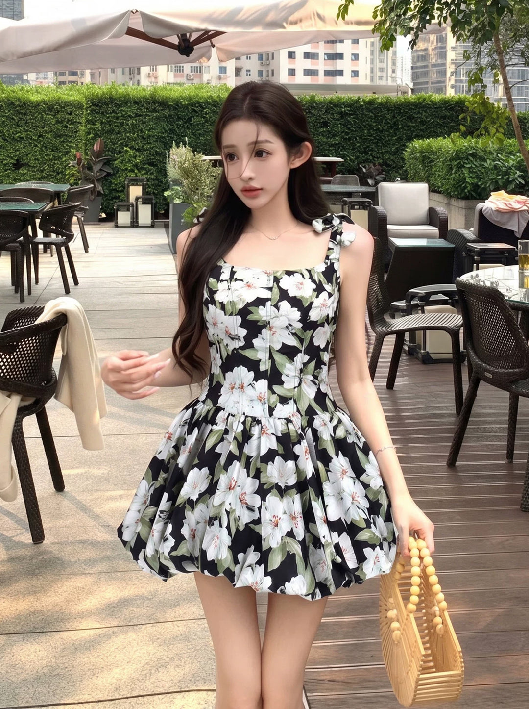 【dress】フラワー柄バルーンワンピース Q8915