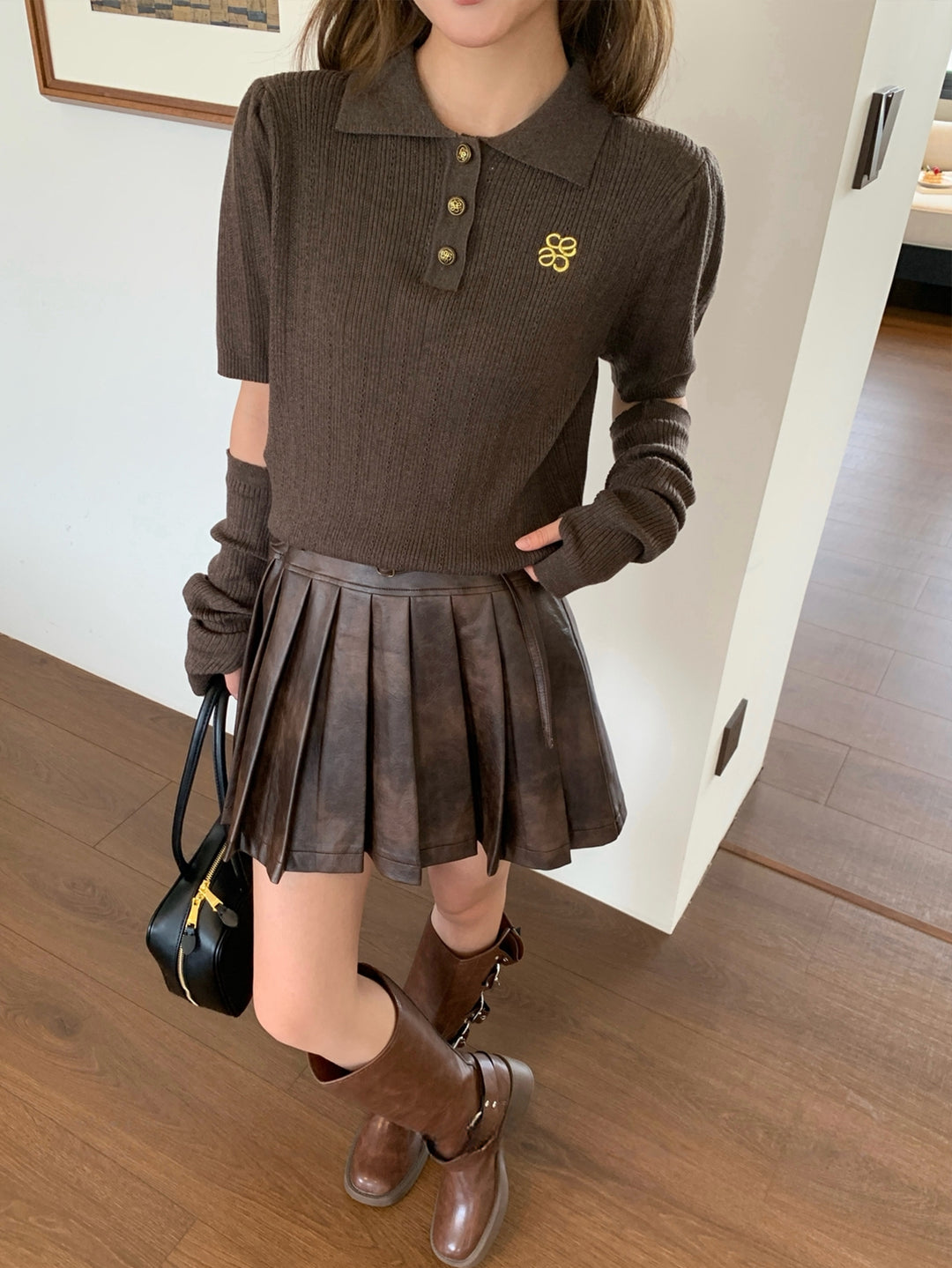 【tops】アームカバー付きニットポロシャツ Q8949
