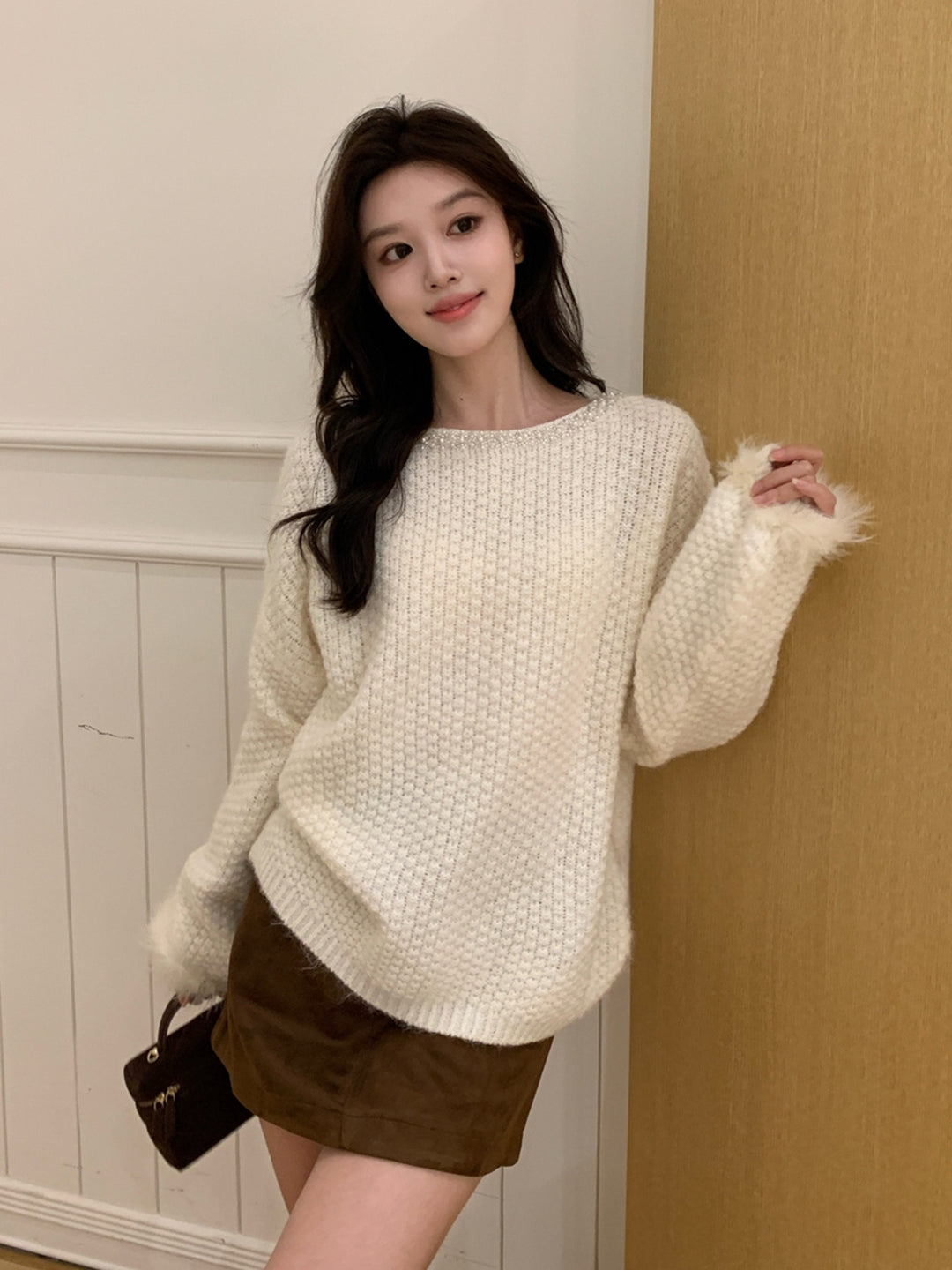 【tops】パール付きニットトップス Q9242