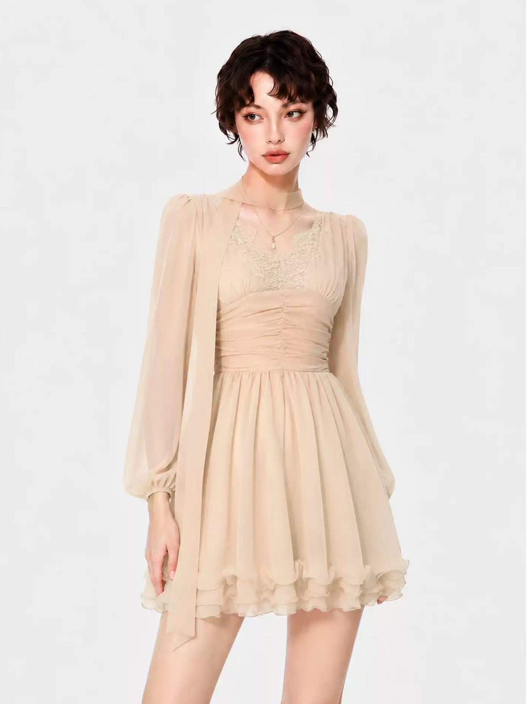 【dress】レースドッキングチュールワンピース Q9106