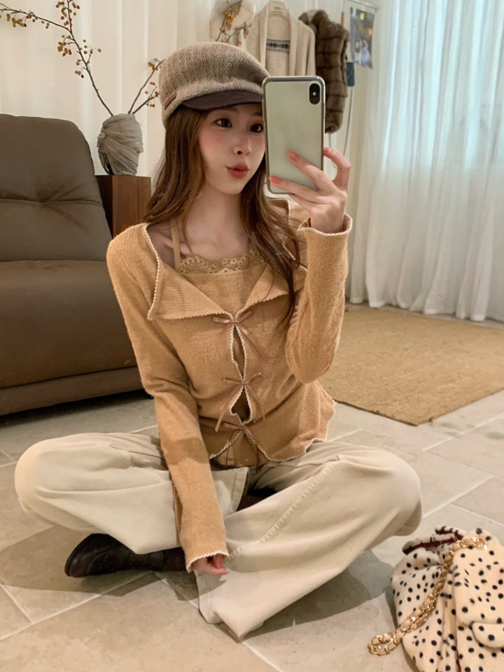 【tops】リボン付きフェイクレイヤードトップス Q9292