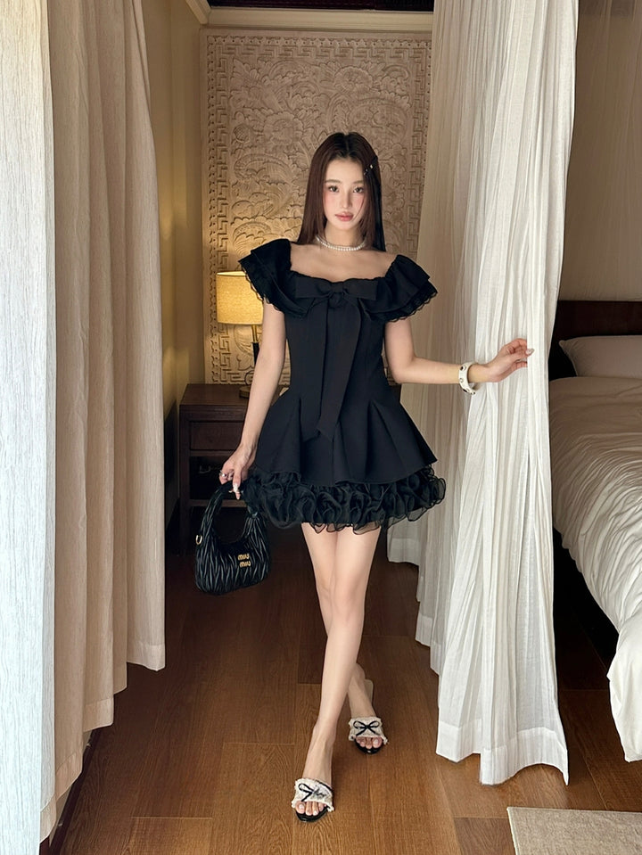 【dress】リボン付きレースドッキングミニワンピース Q8692