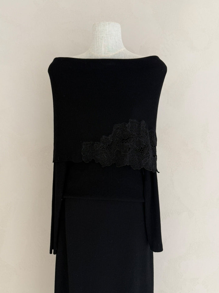 【tops】オフショルダーレースドッキングニットトップス Q9126