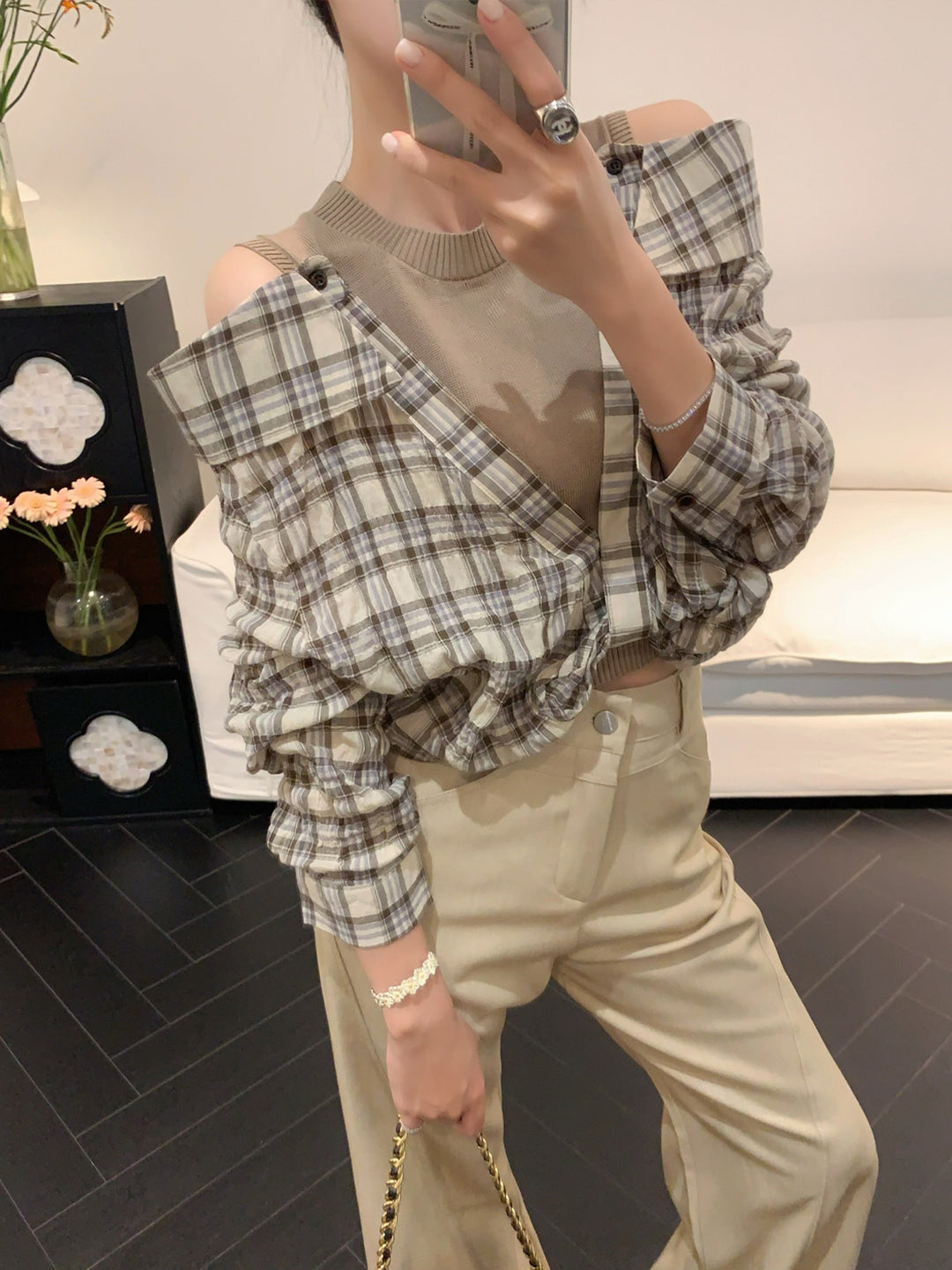 【tops】フェイクレイヤードチェック柄トップス Q9089