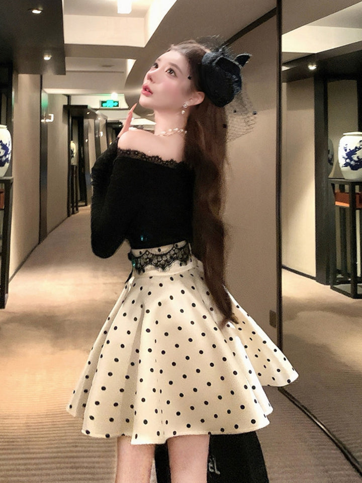 【set】レースドッキングトップス×ドット柄ミニスカートセット Q9278