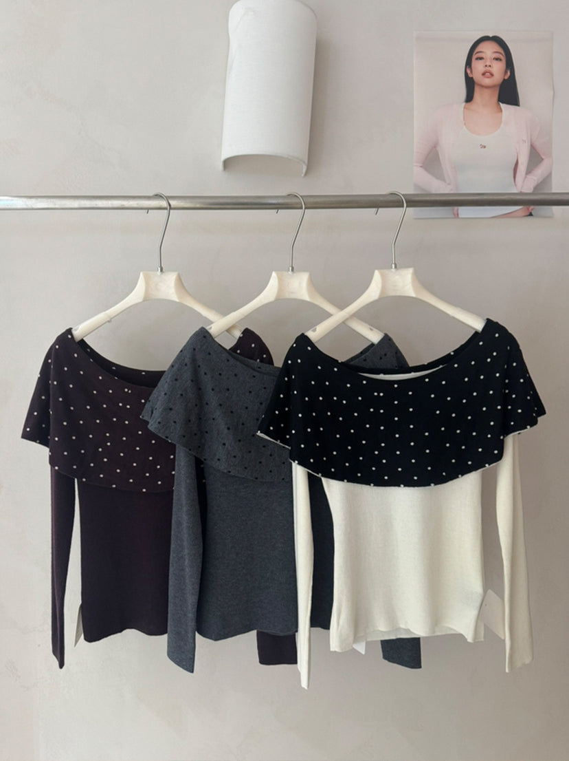 【tops】ドット柄カラーニットトップス Q9143