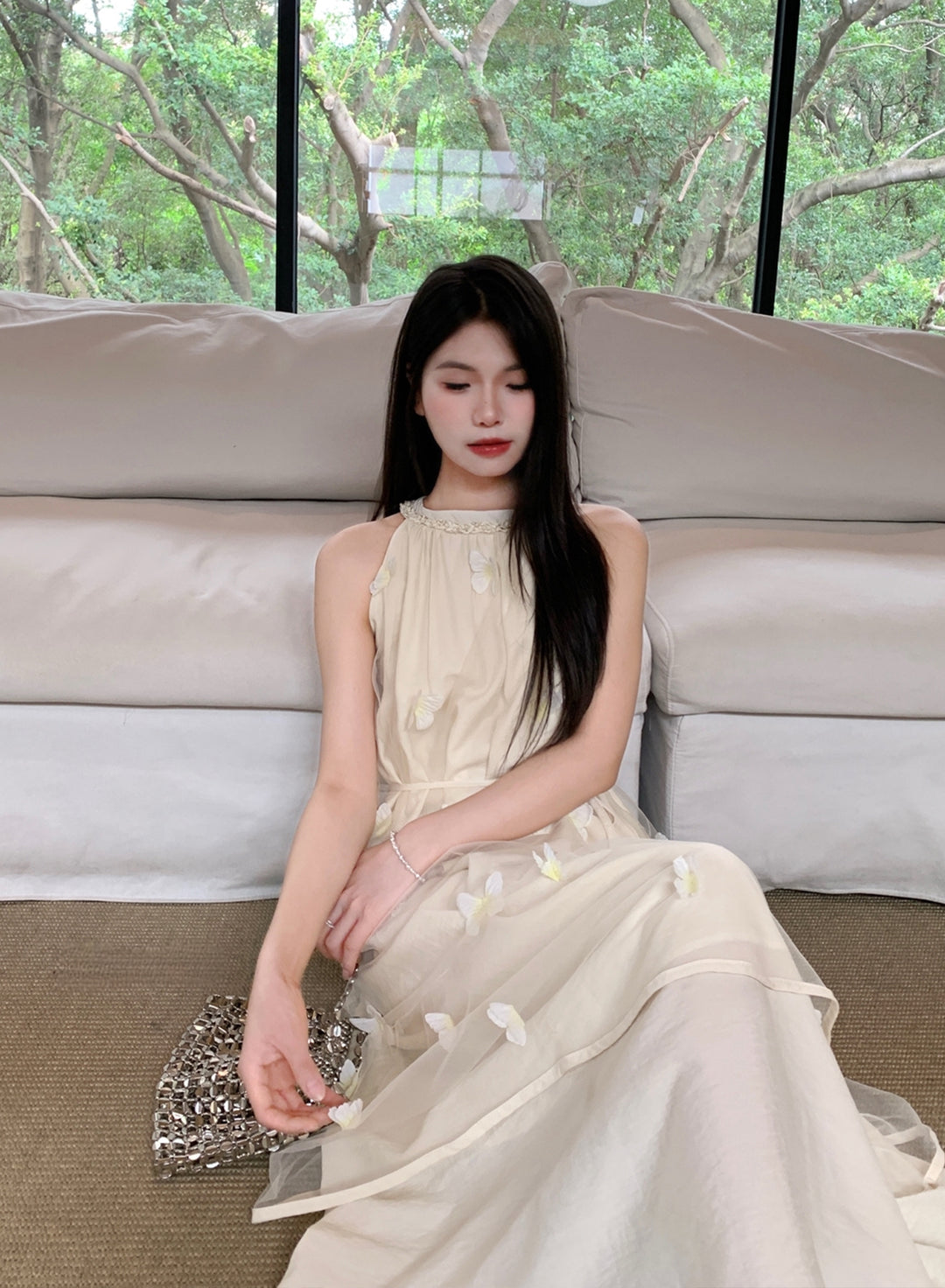 【dress】ノースリーブ立体感蝶ロングワンピース Q8662