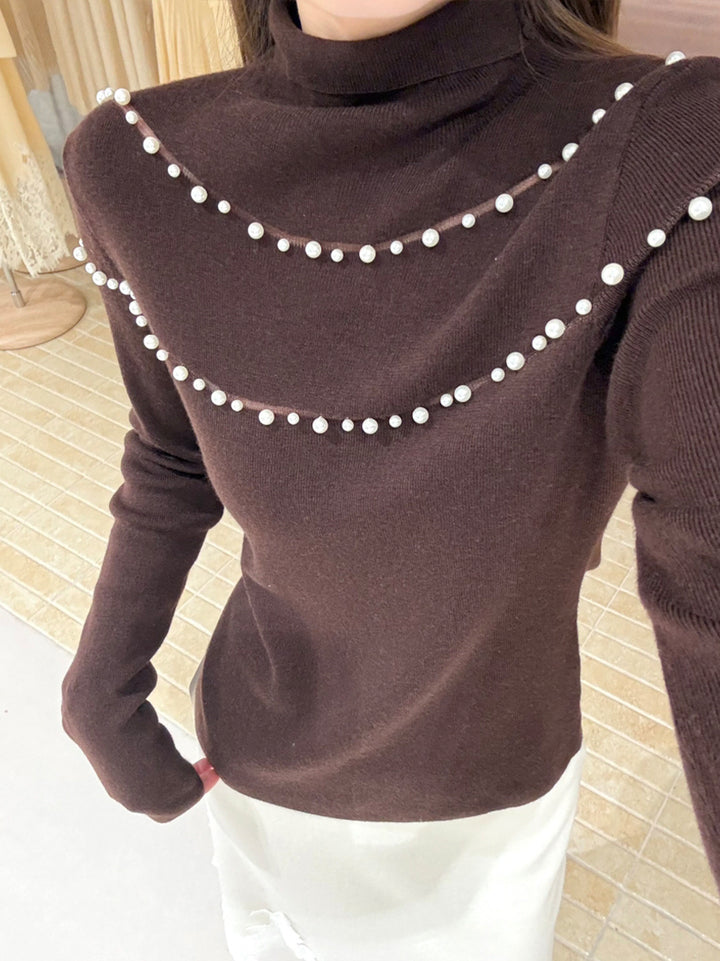 【tops】パール付きハイネックニットトップス Q9133