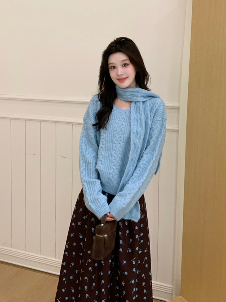 【tops】マフラー付きニットトップス Q9239