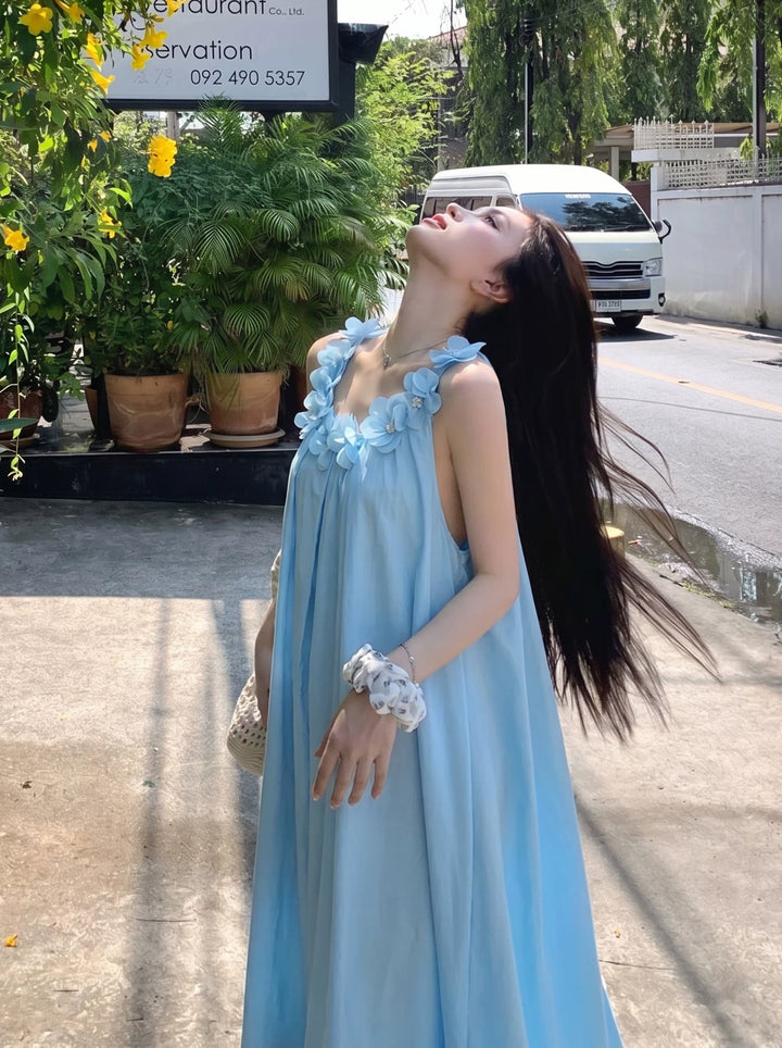 【dress】立体感フラワーロングベストワンピース Q8641