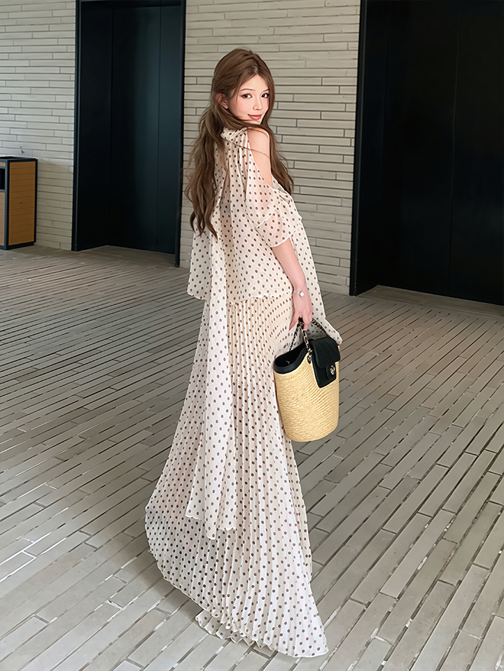 【set】ドット柄シャツ×ロングスカートセット Q8598