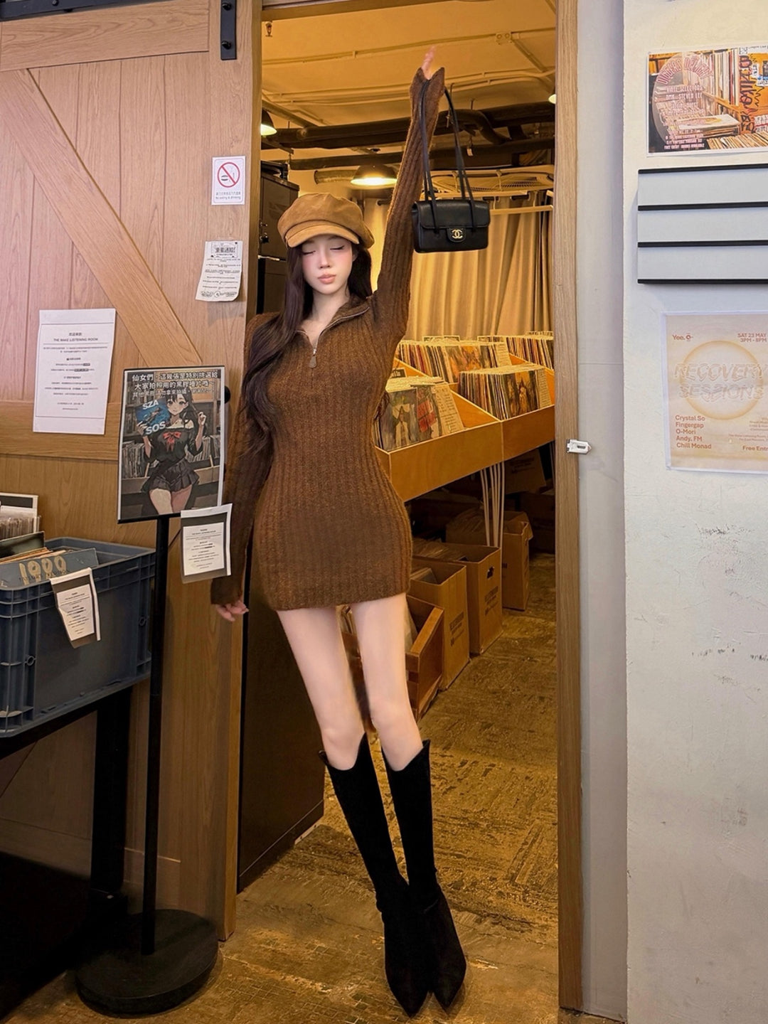 【dress】折り襟ニットミニワンピース Q9277