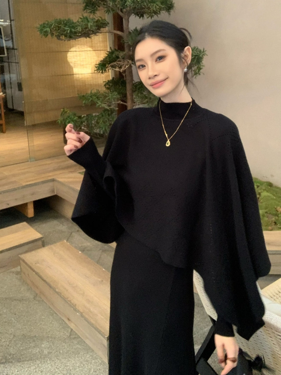 【set】ニットケープトップス×ロングニットワンピースセット Q9261