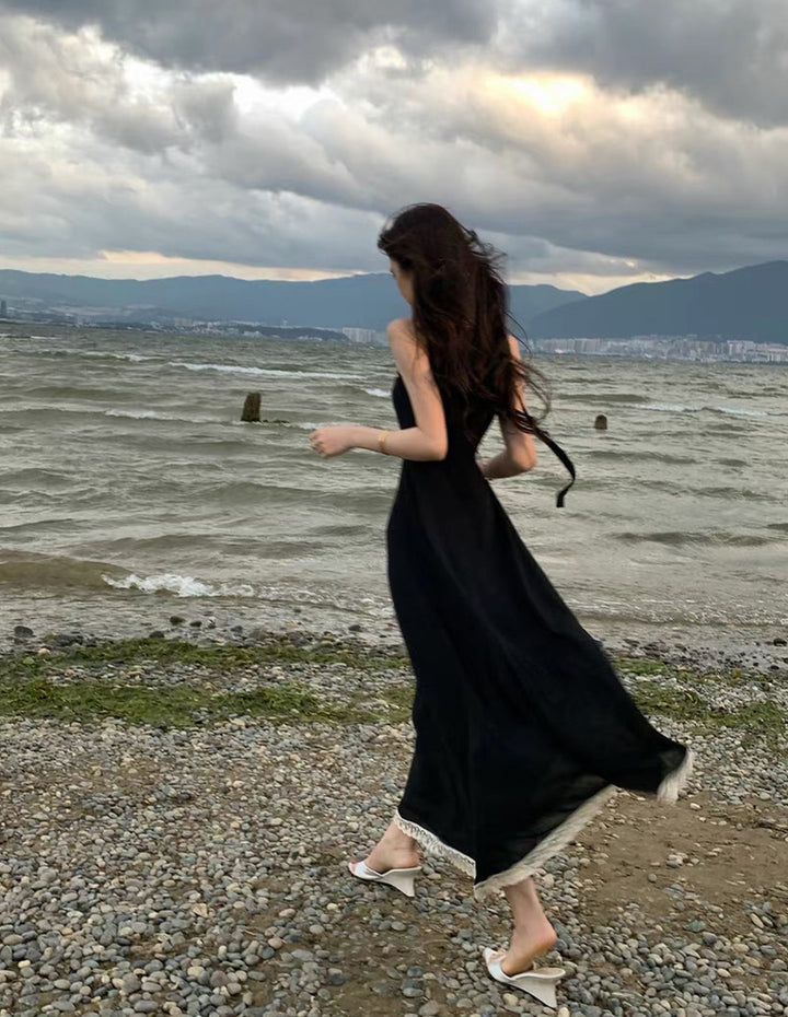 【dress】スカーフ付きレースドッキングロングワンピース Q8691