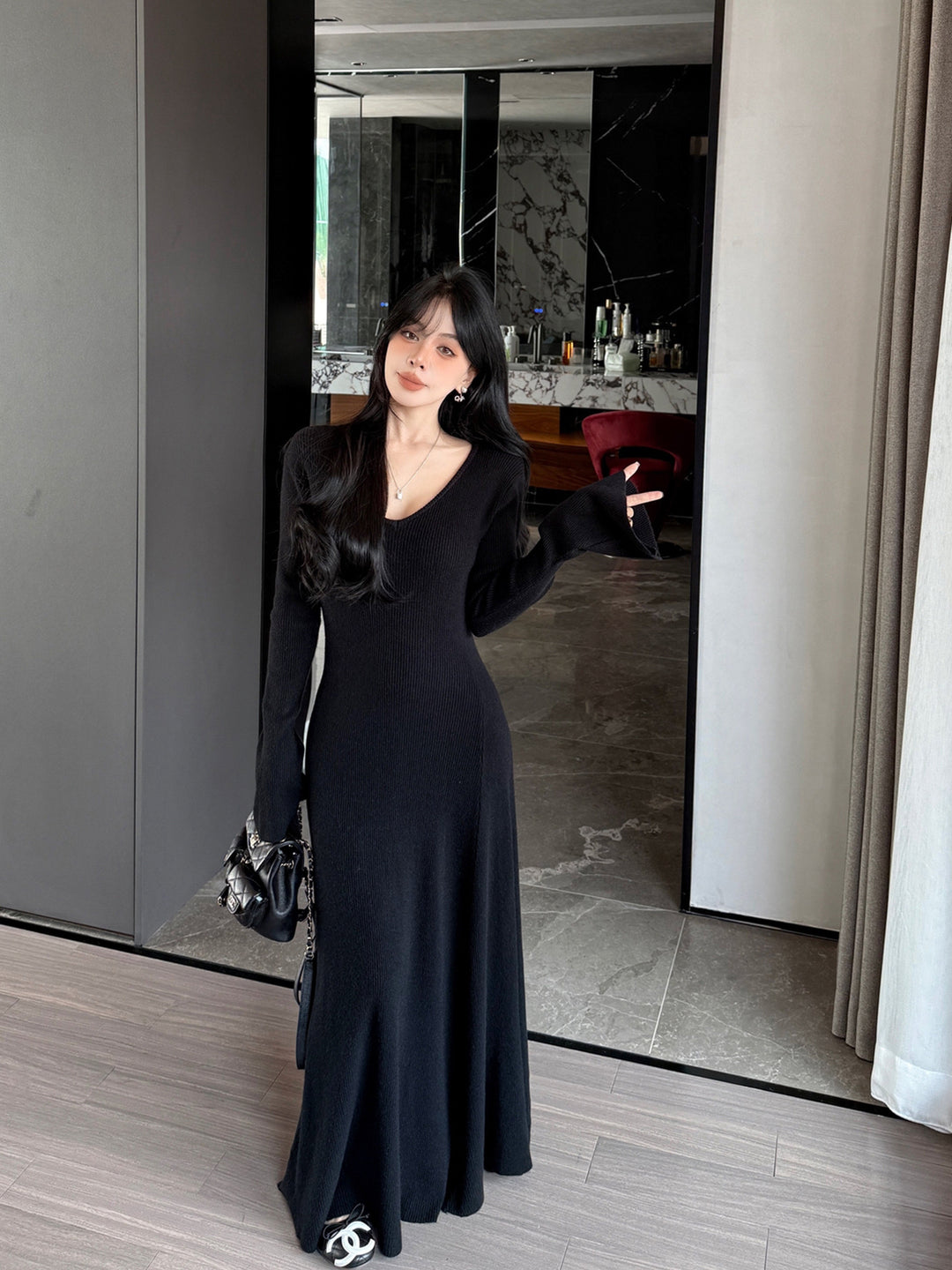 【dress】Vネックロングニットワンピース Q9181