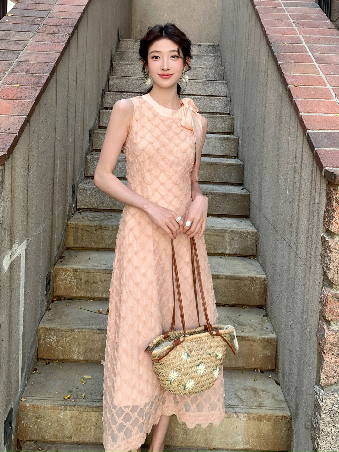 【dress】ノースリーブリボン付きロングワンピース Q8679