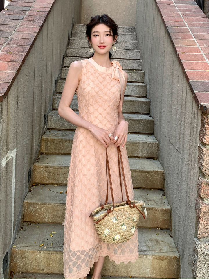 【dress】ノースリーブリボン付きロングワンピース Q8679