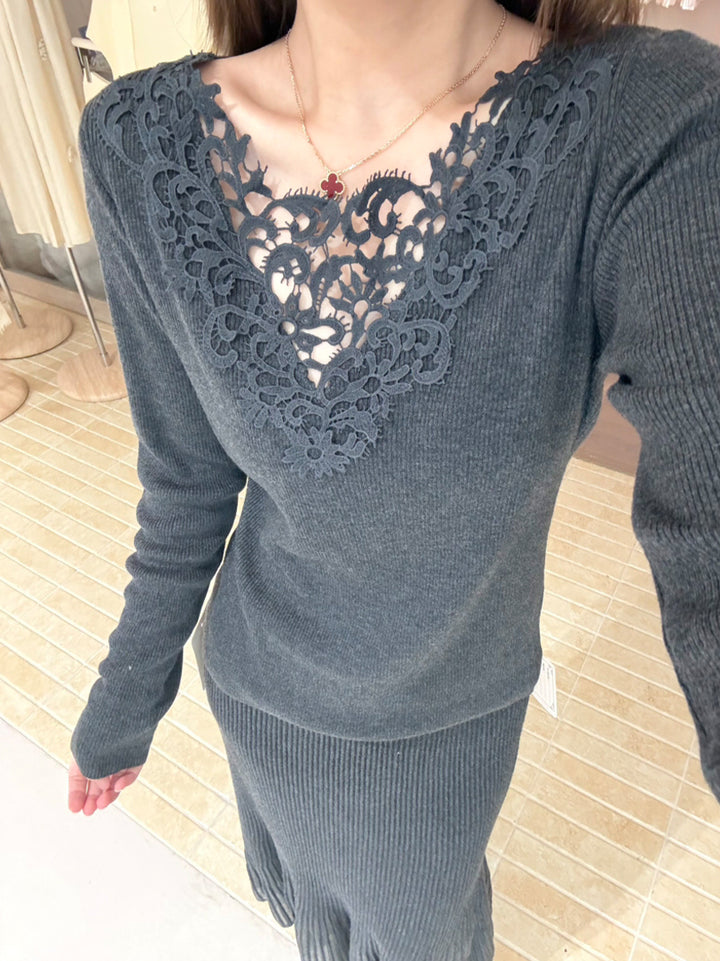 【tops】レースドッキングニットトップス Q9137