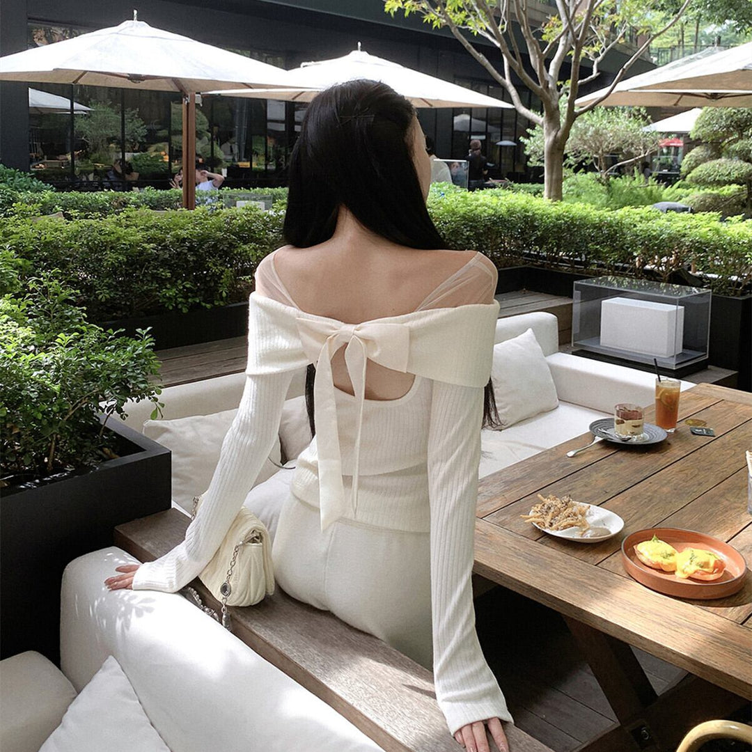 【tops】チュールドッキングリボンニットトップス　N3490