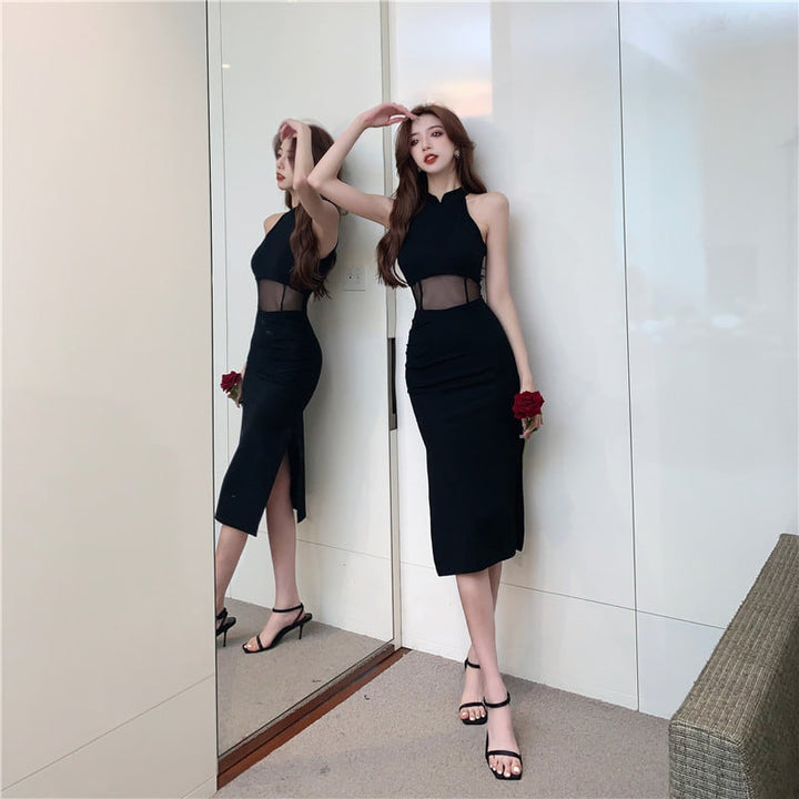 【dress】ノースリーブチュールドッキングワンピース Q8431