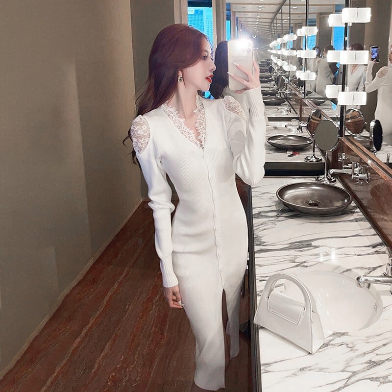 【dress】韓国系レース切り替えニットワンピース　M17631