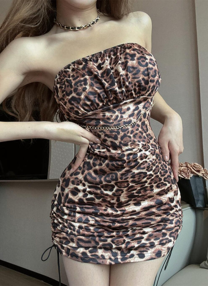 【dress】ヒョウ柄チューブドレス Q8183