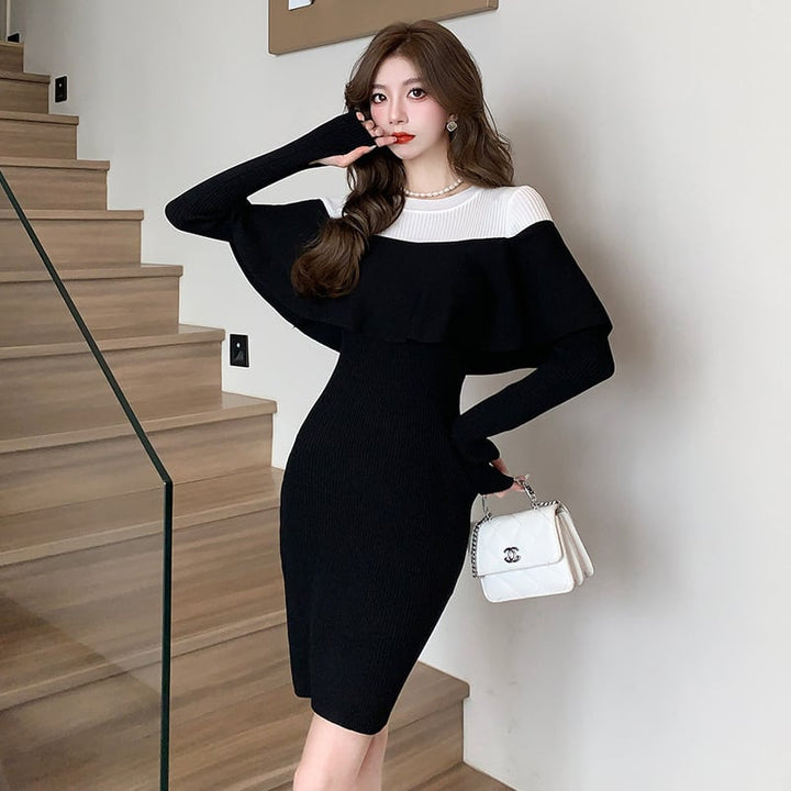 【dress】フリルドッキングニットワンピース　M18575