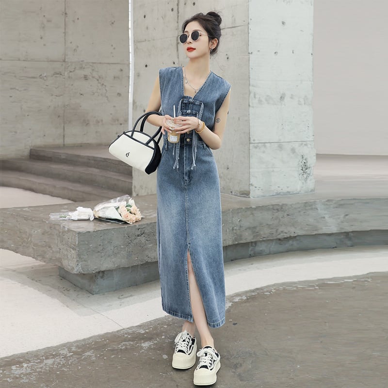 【dress】絶対流行ファッションノースリーブデニムワンピース　M16834