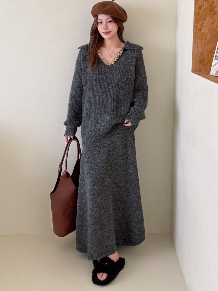 【set】Vネックニットトップス×ロングスカートセット Q7278