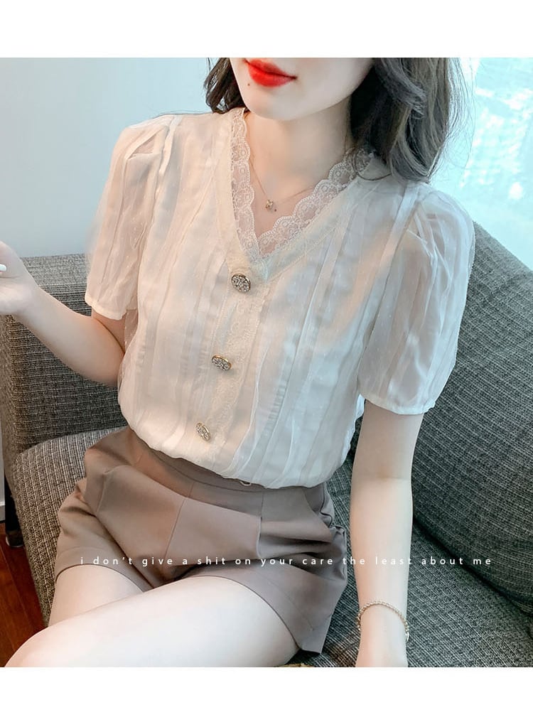 【tops】おしゃれ！Vネックレース切り替えシャツトップス　M17041