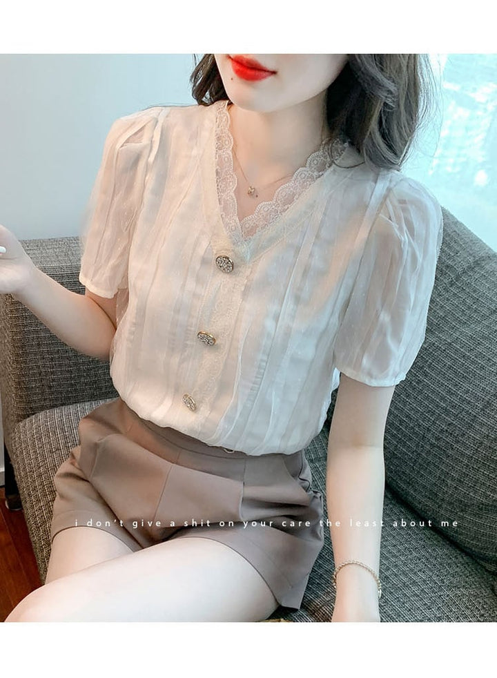 【tops】おしゃれ！Vネックレース切り替えシャツトップス　M17041