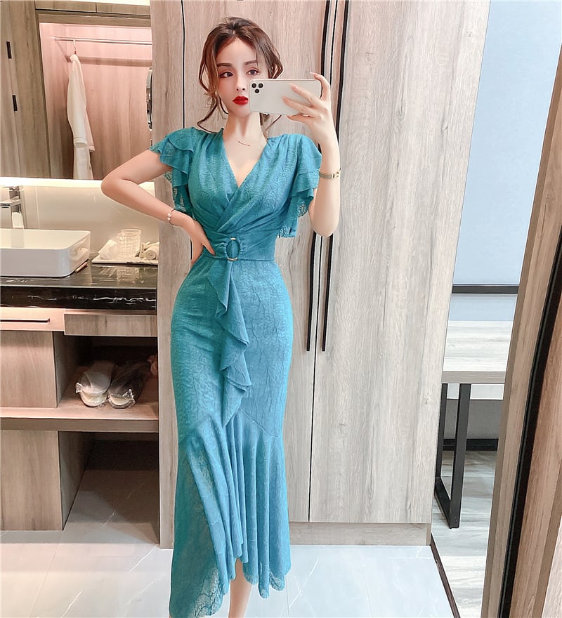 【dress】美人度アップVネックマーメイドワンピース　M17020