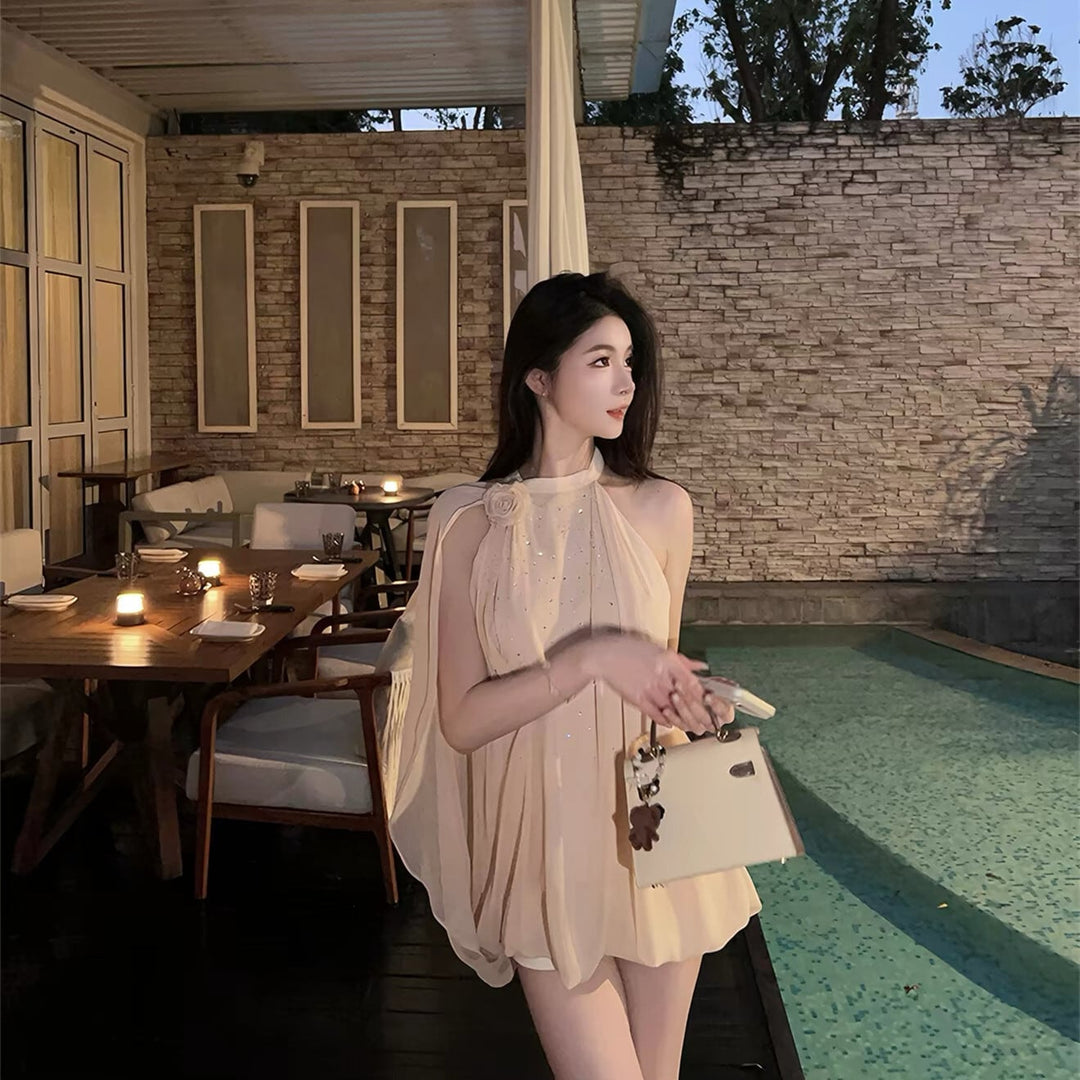 【dress】ラインストーン付きシフォンミニワンピース Q8345