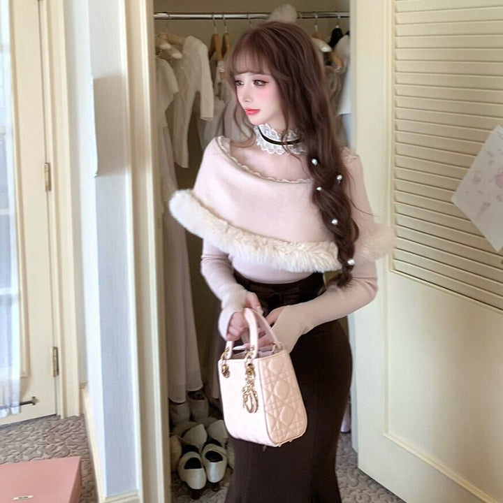 【set】ファー付きケープライクニットトップス×マーメイドスカートセット    N3493