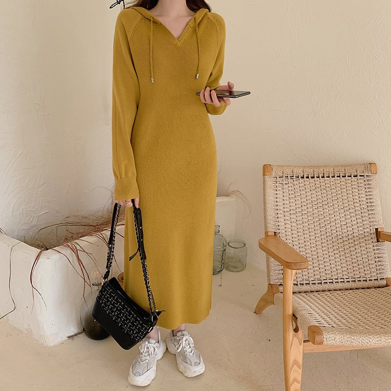 【dress】フード付きニットワンピース韓国系超人気　M17661
