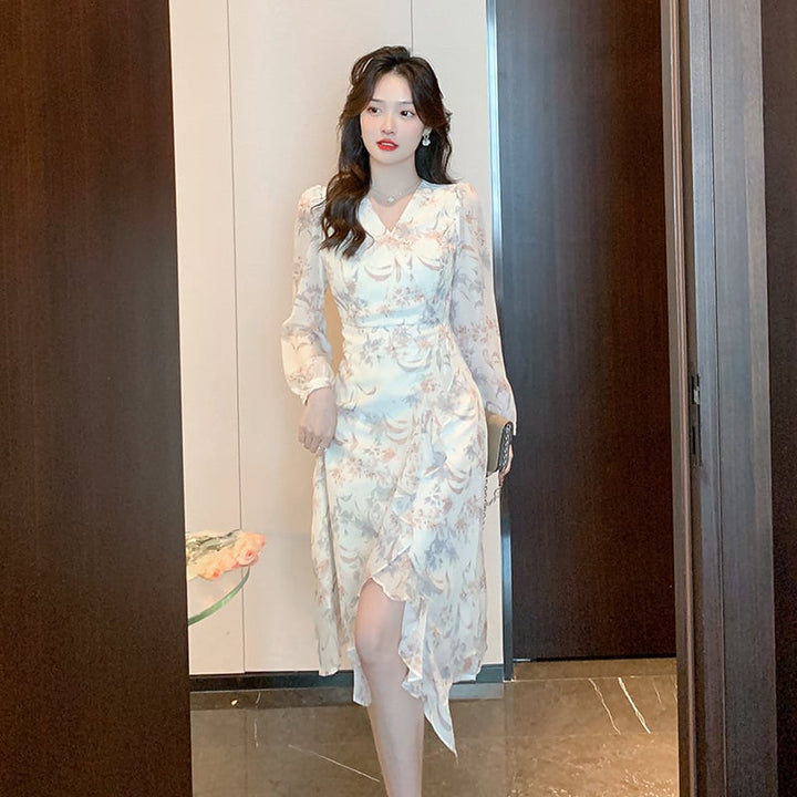 【dress】早い者勝ちVネックスリット花柄ワンピース　M17304