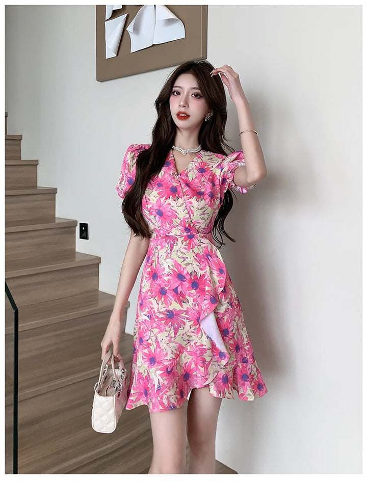 【dress】美人度アップ不規則 イレギュラー花柄ワンピース　M16782