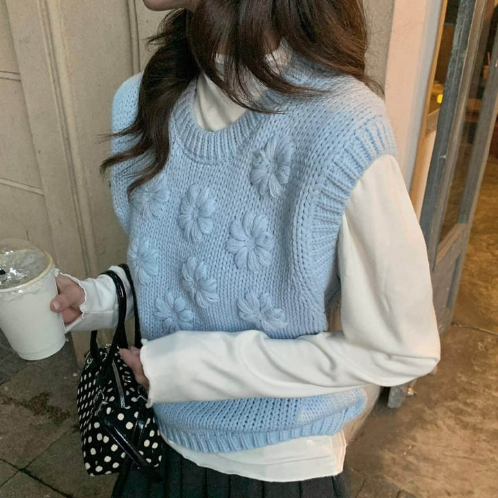 【tops】立体感フラワーニットベスト Q8061