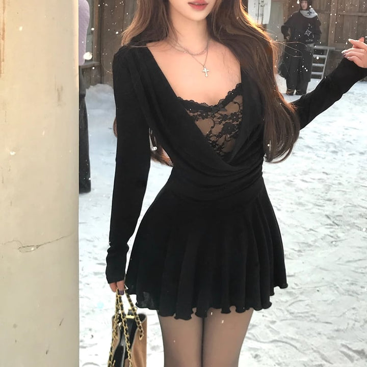 【dress】レースドッキングフレアワンピース Q7616