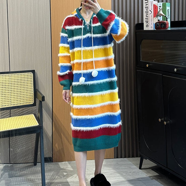 【dress】フード付きボーダー柄配色ニットワンピース　M18050