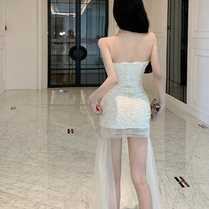 【dress】スパンコール付きチュールドッキングチューブドレス Q7996