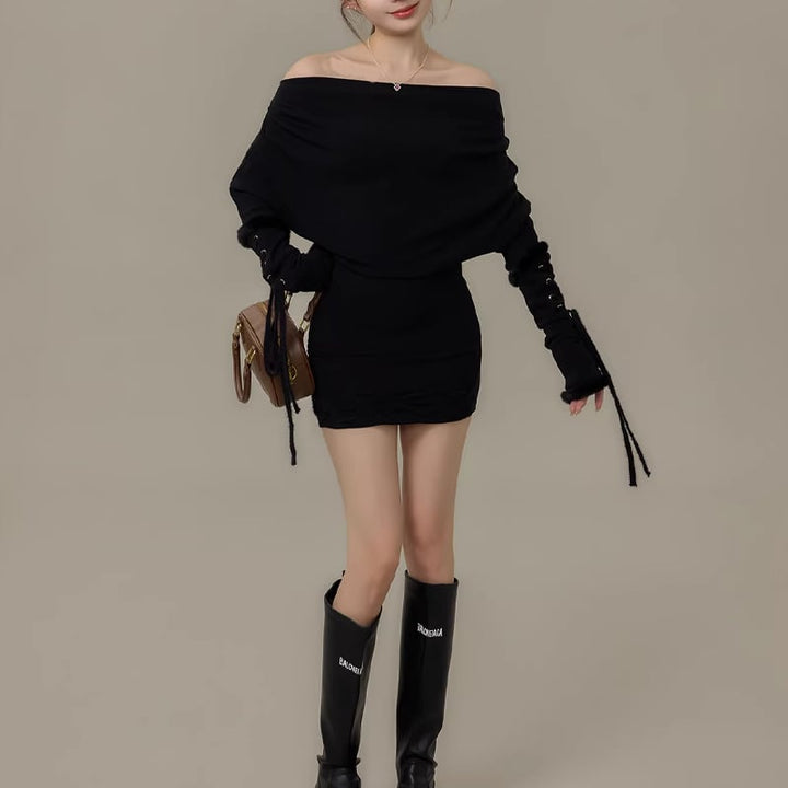 【dress】ファー付きオフショルダーニットワンピース Q7730