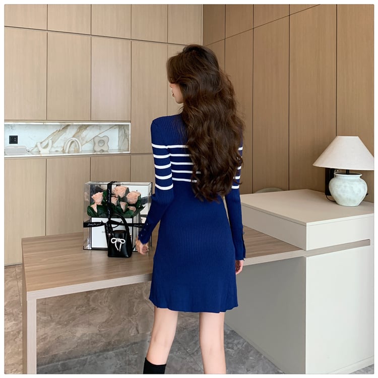 【dress】ボーダー柄スリットニットワンピース　M17966