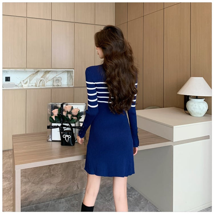 【dress】ボーダー柄スリットニットワンピース　M17966