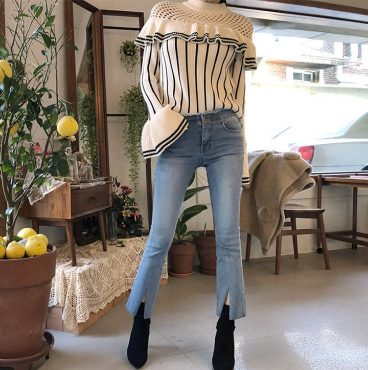 【tops】ストライプ柄フレアスリーブニットセーター     N2119