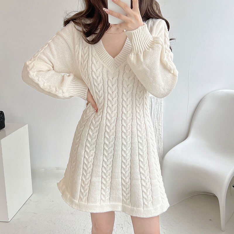 【dress】Vネック無地ニットワンピース　M17948